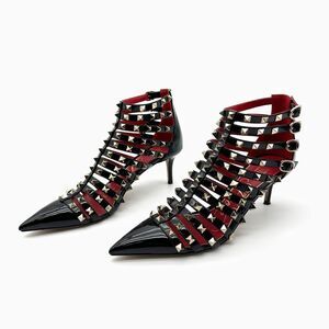 VALENTINO Rockstud Alcove Black Leather Boot Size 38 Pointed Toe Kitten Stiletto